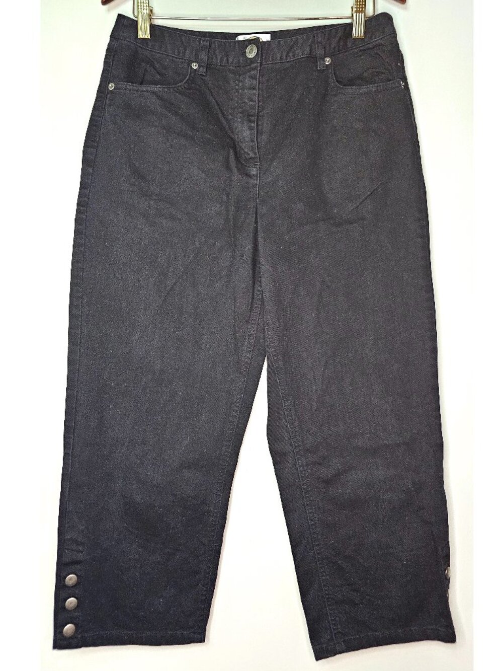 Talbots Black Denim High Rise Waist Snap Hem Stretch Tapered Cropped Jeans US8